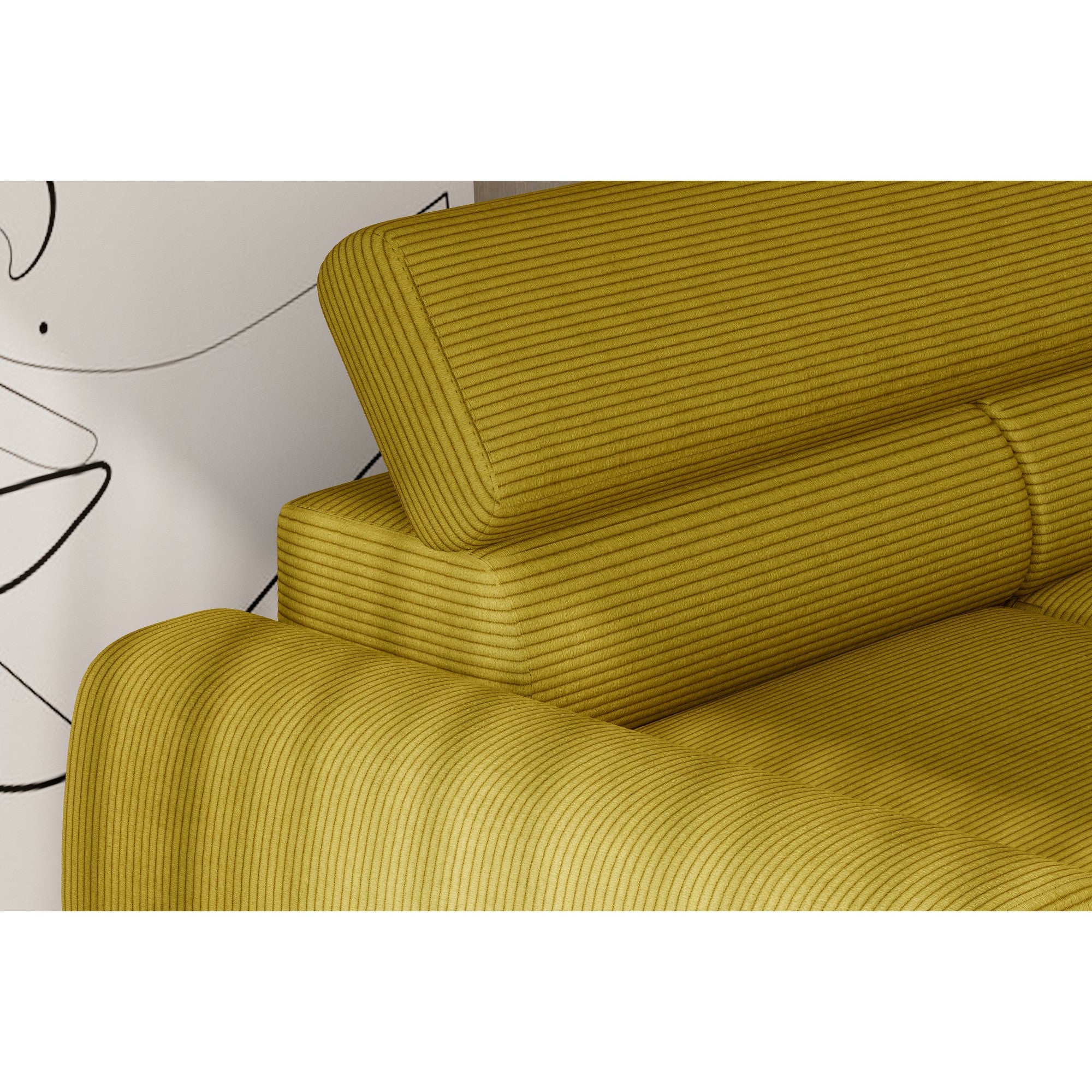 Coltar extensibil CALCIO MINI, personalizabil materiale Gama Premium, cu lada depozitare si tetiere reglabile, 240x165x86 cm