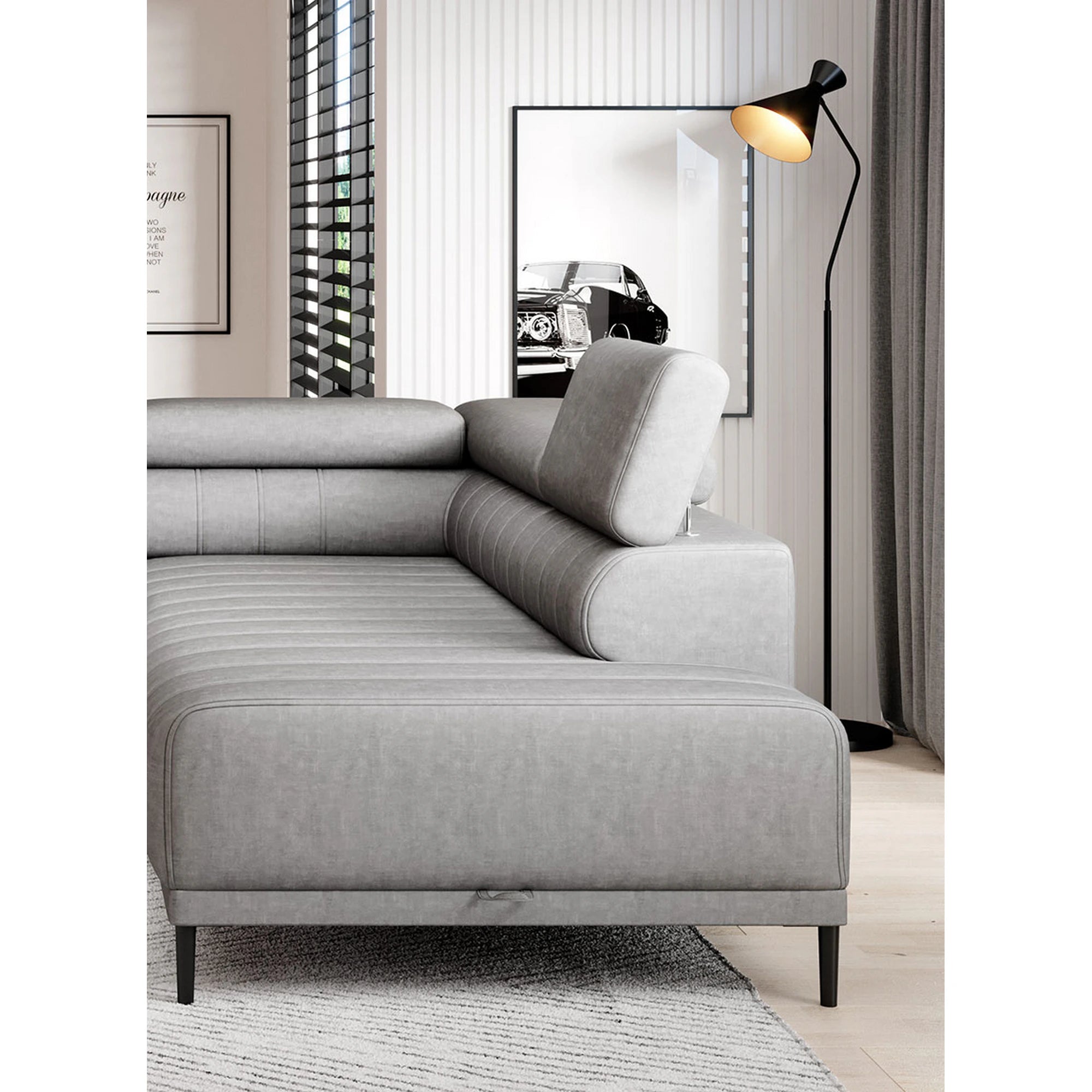 Coltar extensibil CALDO L, sezlong dreapta, stofa catifelata bej - Element 17, Gama Premium, cu lada depozitare si tetiere reglabile,  268x200x99 cm