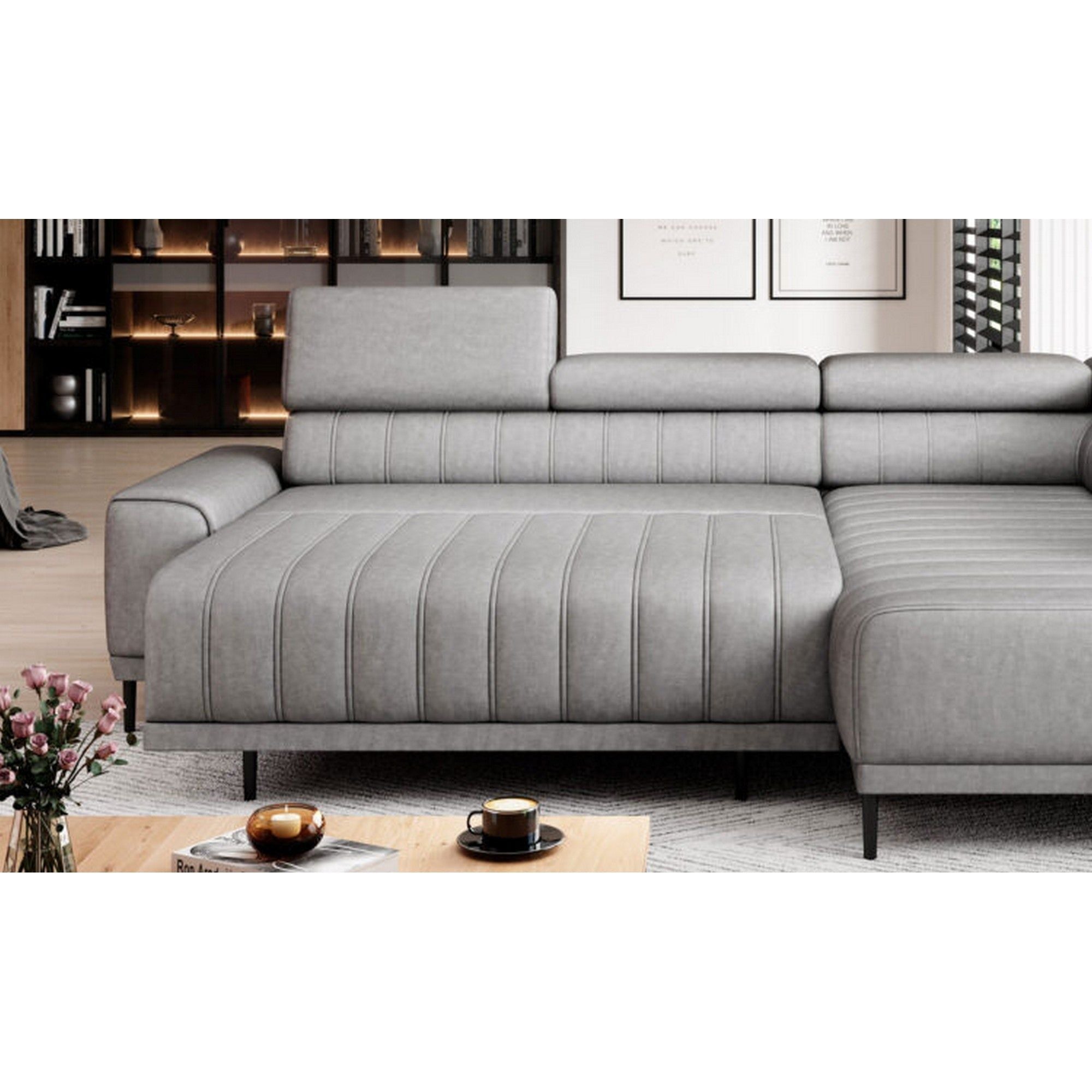 Coltar extensibil CALDO L, sezlong dreapta, stofa catifelata verde menta - Salvador 12, cu lada depozitare si tetiere reglabile,  268x200x99 cm
