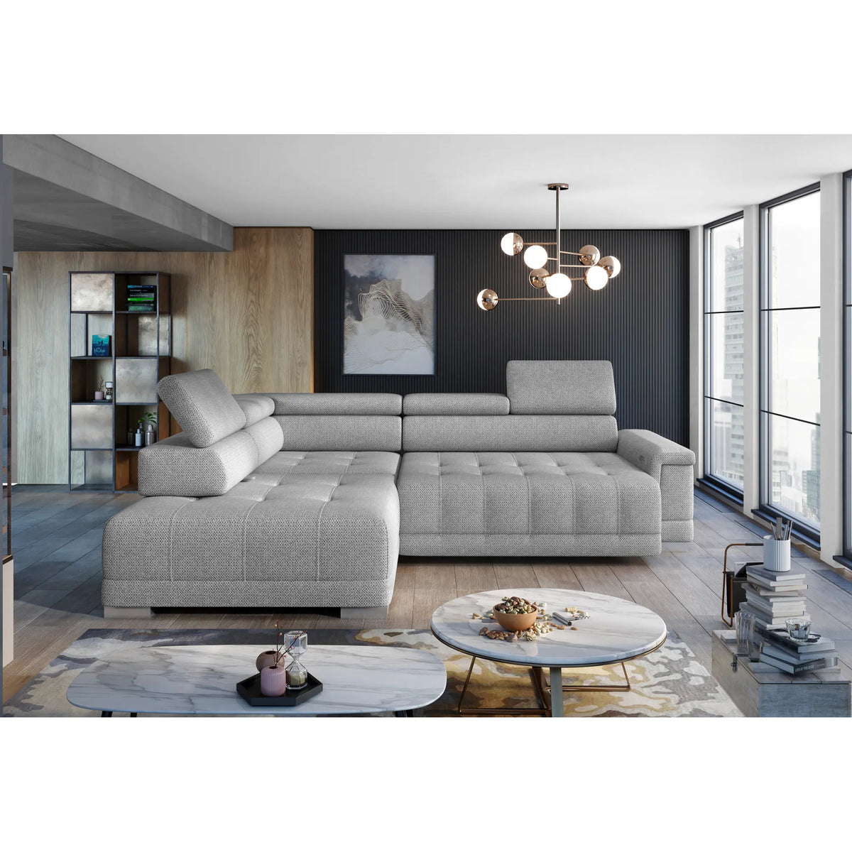 Coltar CAMPO L, personalizabil materiale gama Premium, cu reglaj electric si tetiere reglabile, 292x220x101 cm