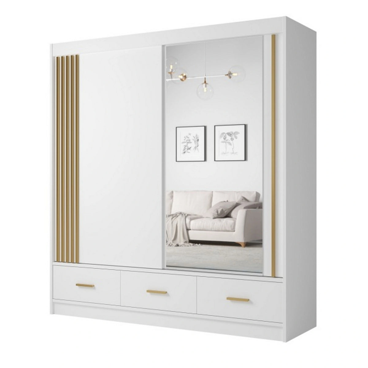 Dulap CANADA CA25-200, alb/auriu, PAL, cu 2 usi si 3 sertare, 200x60x215 cm