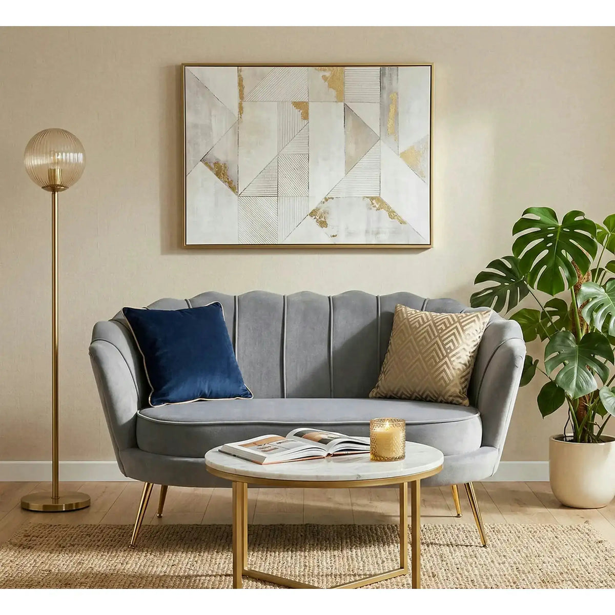 Canapea AMORINITO XL, gri/auriu, stofa catifelata/otel, 131x77x77 cm