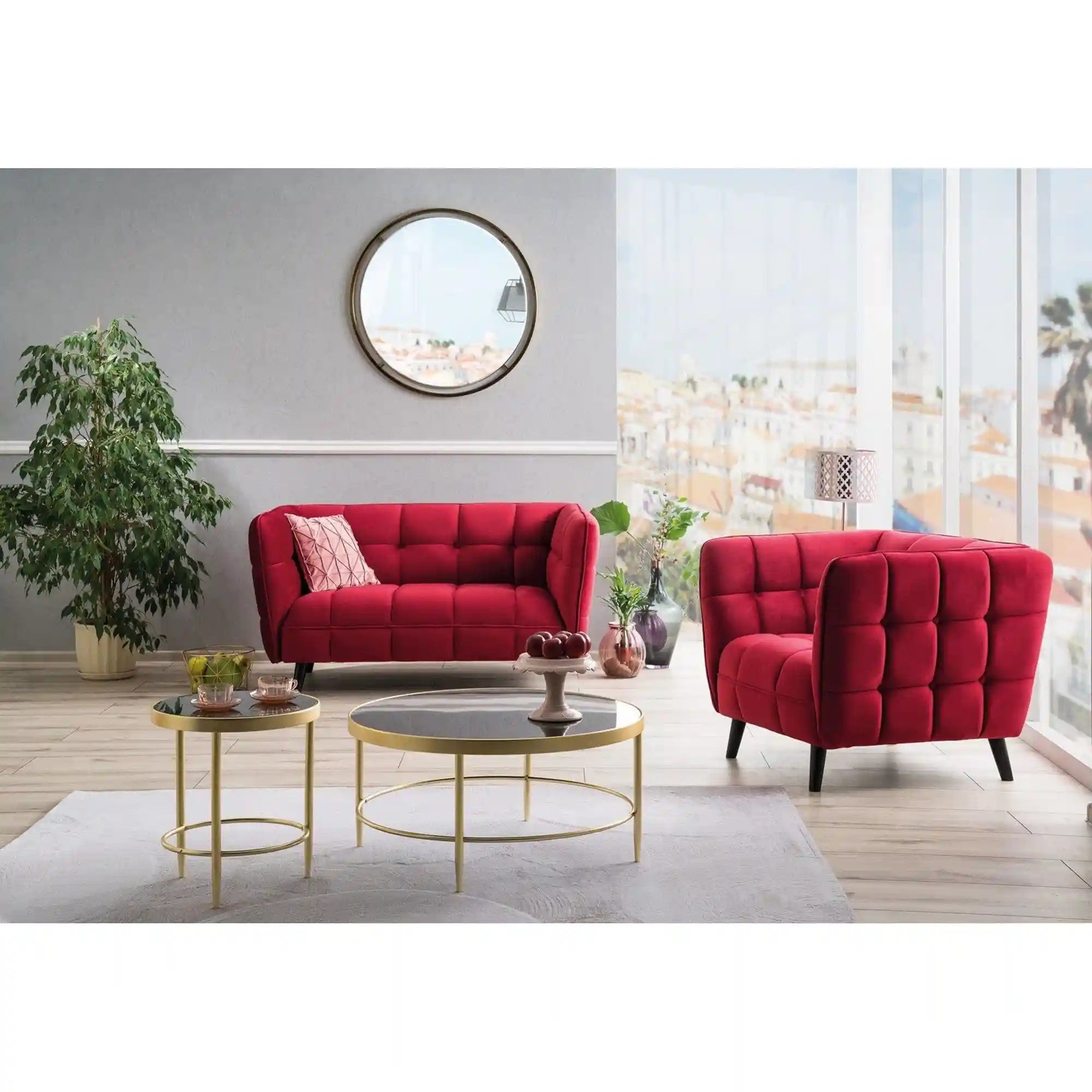 Canapea CASTELLO 2, visiniu - Bluvel 59, stofa catifelata/lemn, 145x85x78 cm