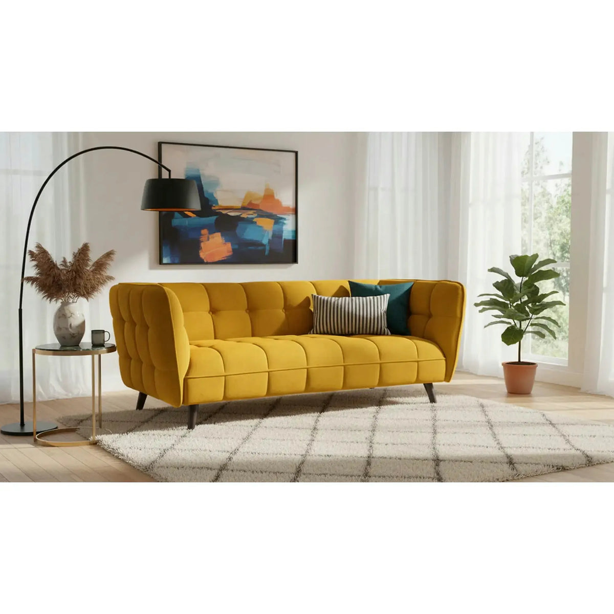 Canapea CASTELLO 3, galben/wenge,  stofa catifelata/lemn/PAL, 200x85x78 cm