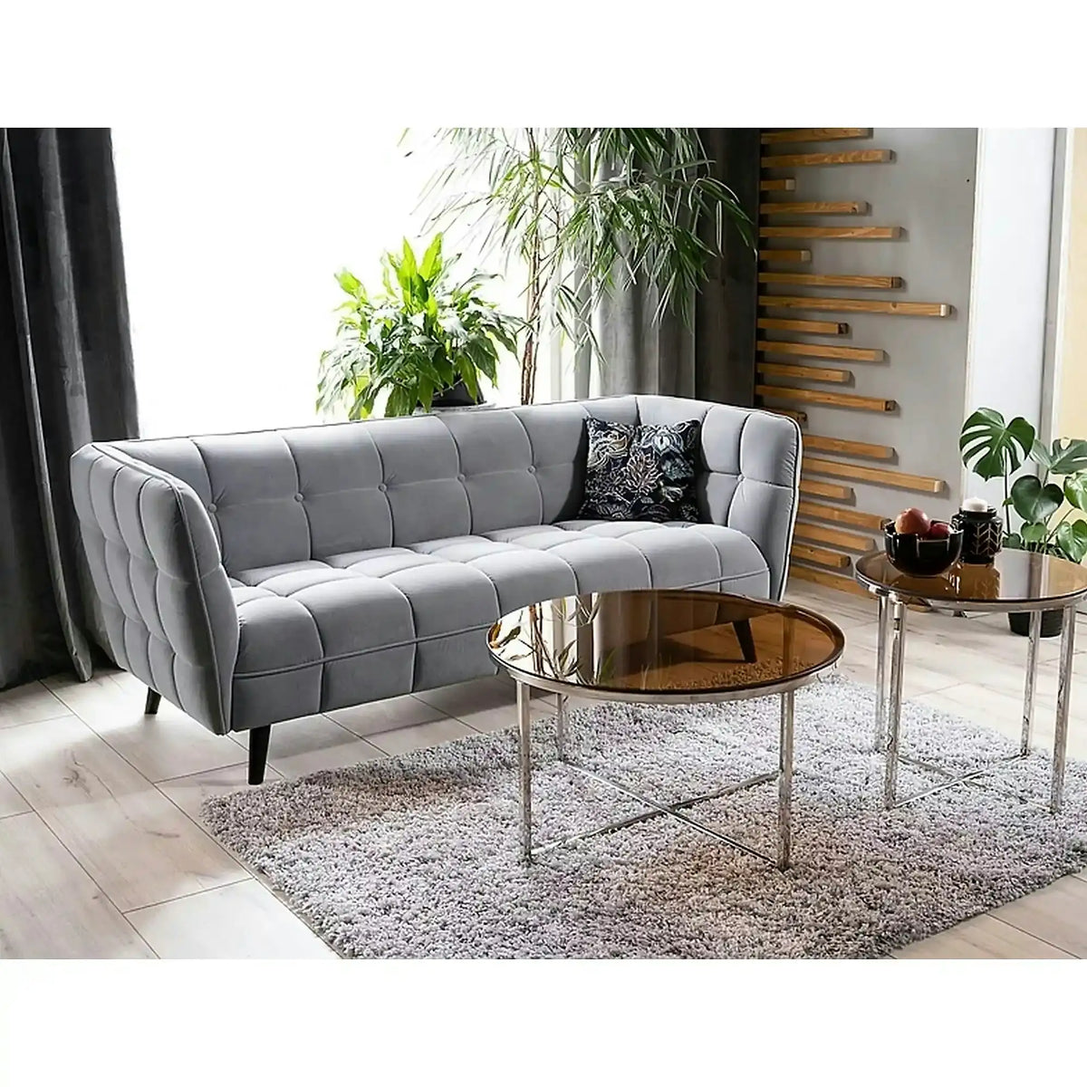 Canapea CASTELLO 3, gri/wenge, stofă catifelată/lemn, 200x85x78 cm