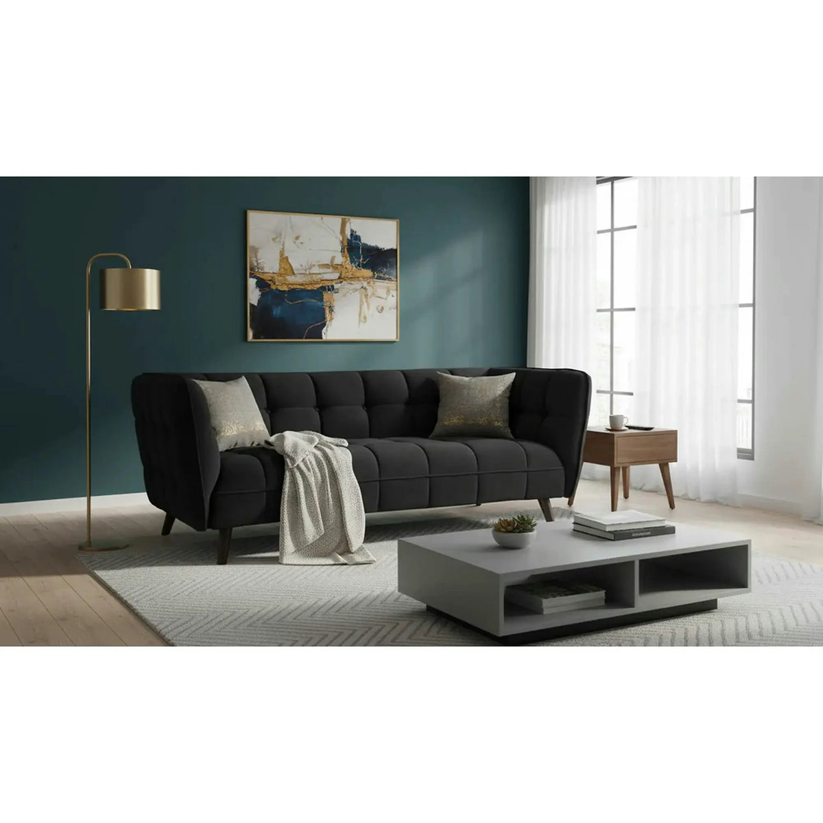Canapea CASTELLO 3, negru/wenge,  stofa catifelata/lemn/PAL, 200x85x78 cm