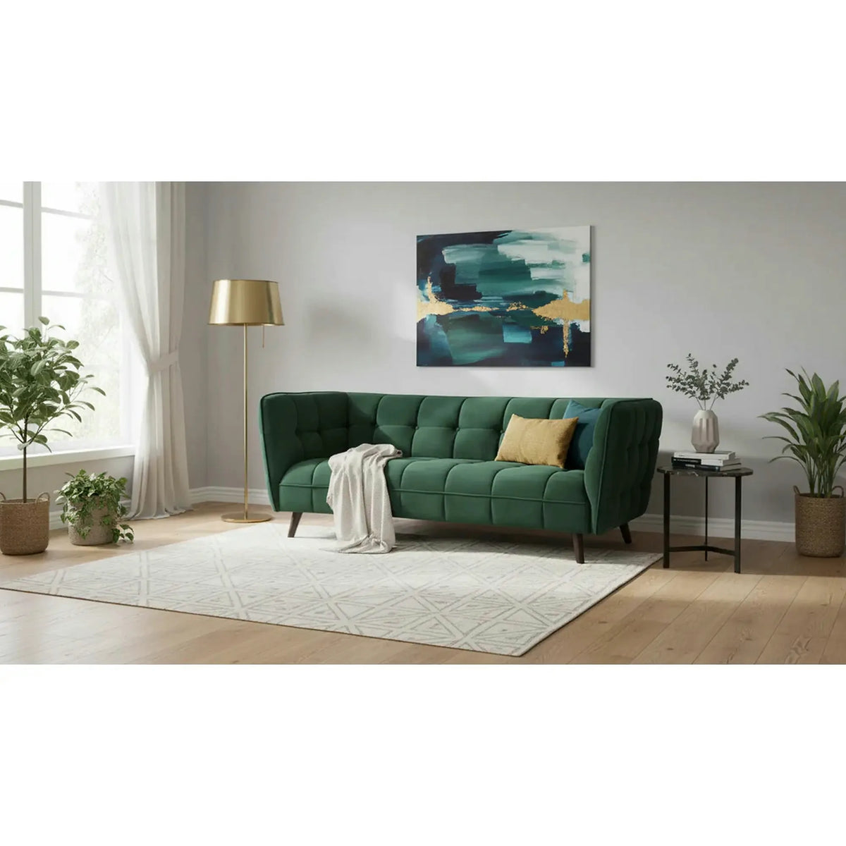 Canapea CASTELLO 3, verde/wenge, stofa catifelata/lemn/PAL, 200x85x78 cm