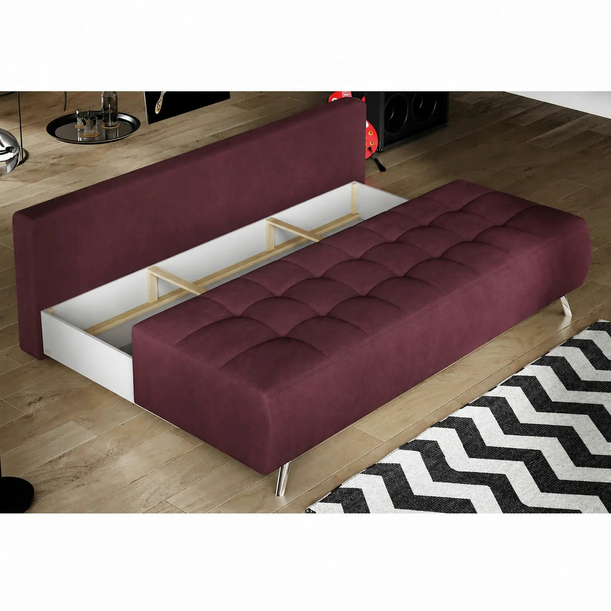 Canapea dubla extensibila OSLO, stofa catifelata visiniu - Monolith 69, cu lada depozitare, 197x94x90 cm