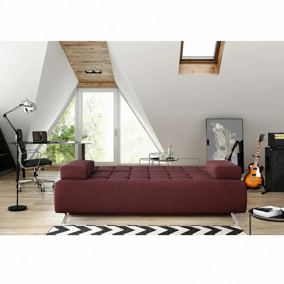 Canapea dubla extensibila OSLO, stofa catifelata visiniu - Monolith 69, cu lada depozitare, 197x94x90 cm