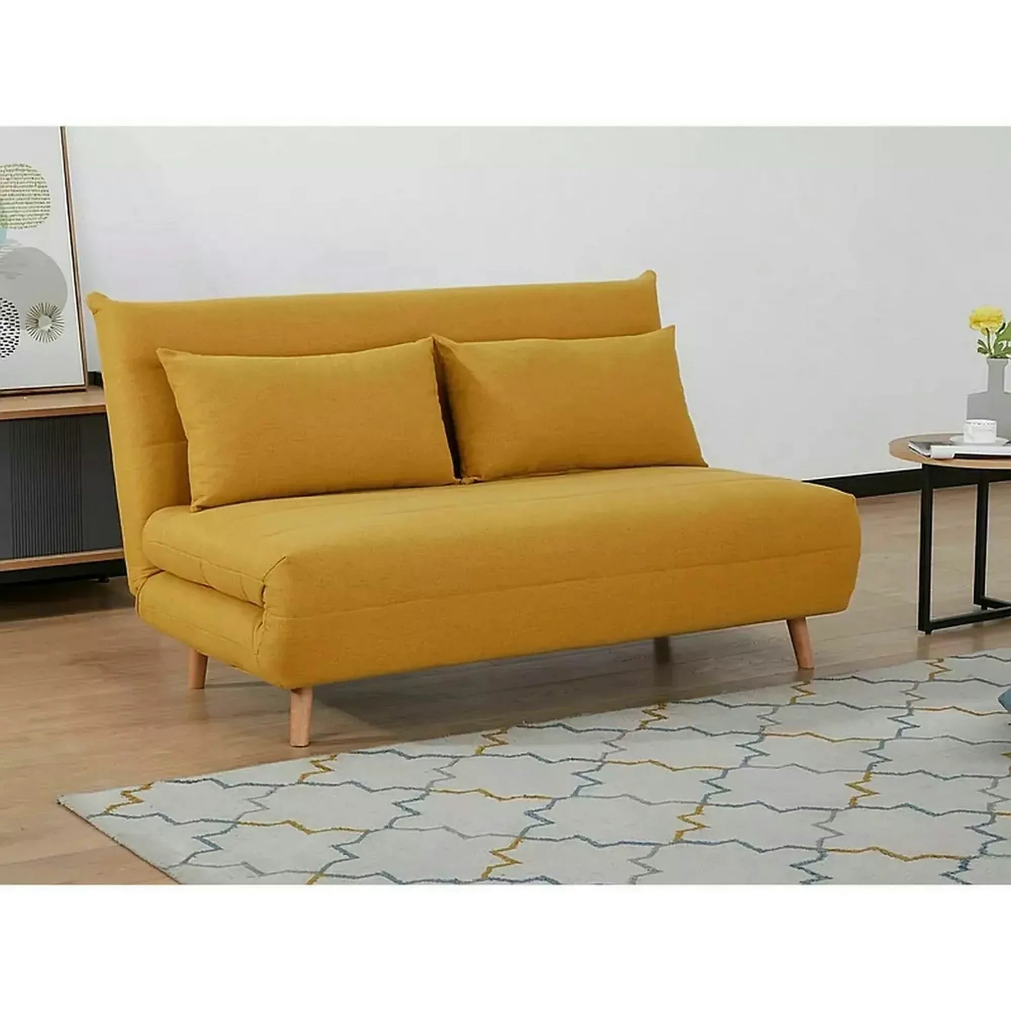 Canapea extensibila 2 locuri fara brate SPIKE II, galben mustar/fag, stofa/lemn, 147x91x84 cm