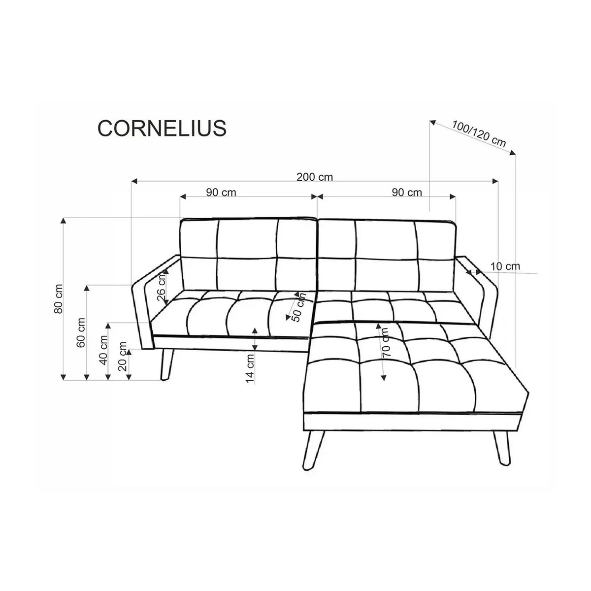 Canapea extensibila CORNELIUS, albastru/negru, stofa clasica/lemn, 200x153/167x80 cm
