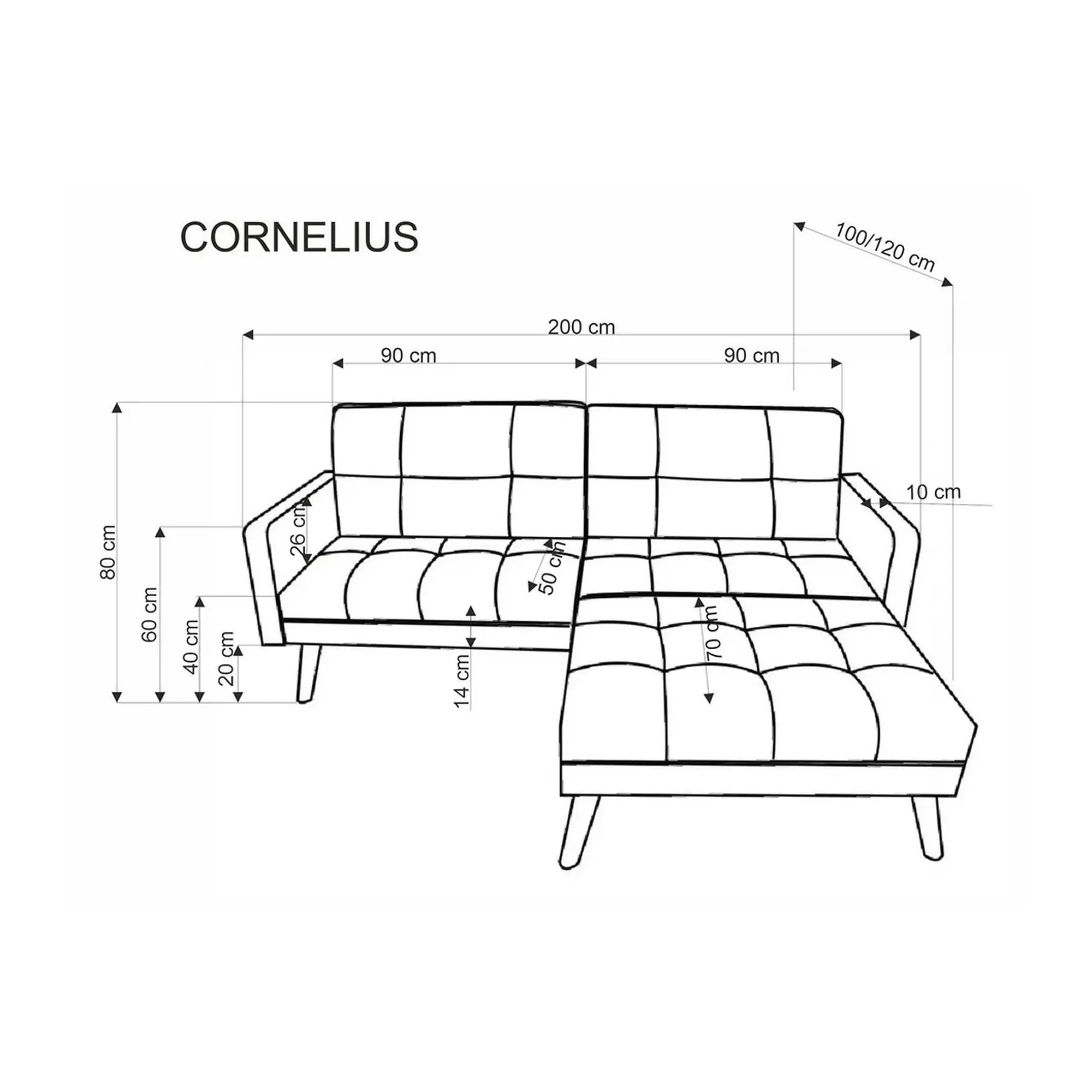 Canapea extensibila CORNELIUS, albastru/negru, stofa clasica/lemn, 200x153/167x80 cm