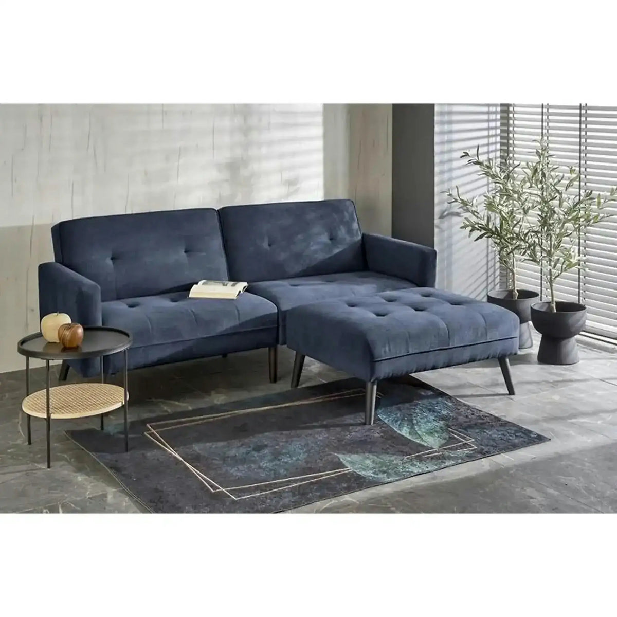 Canapea extensibila CORNELIUS, albastru/negru, stofa clasica/lemn, 200x153/167x80 cm