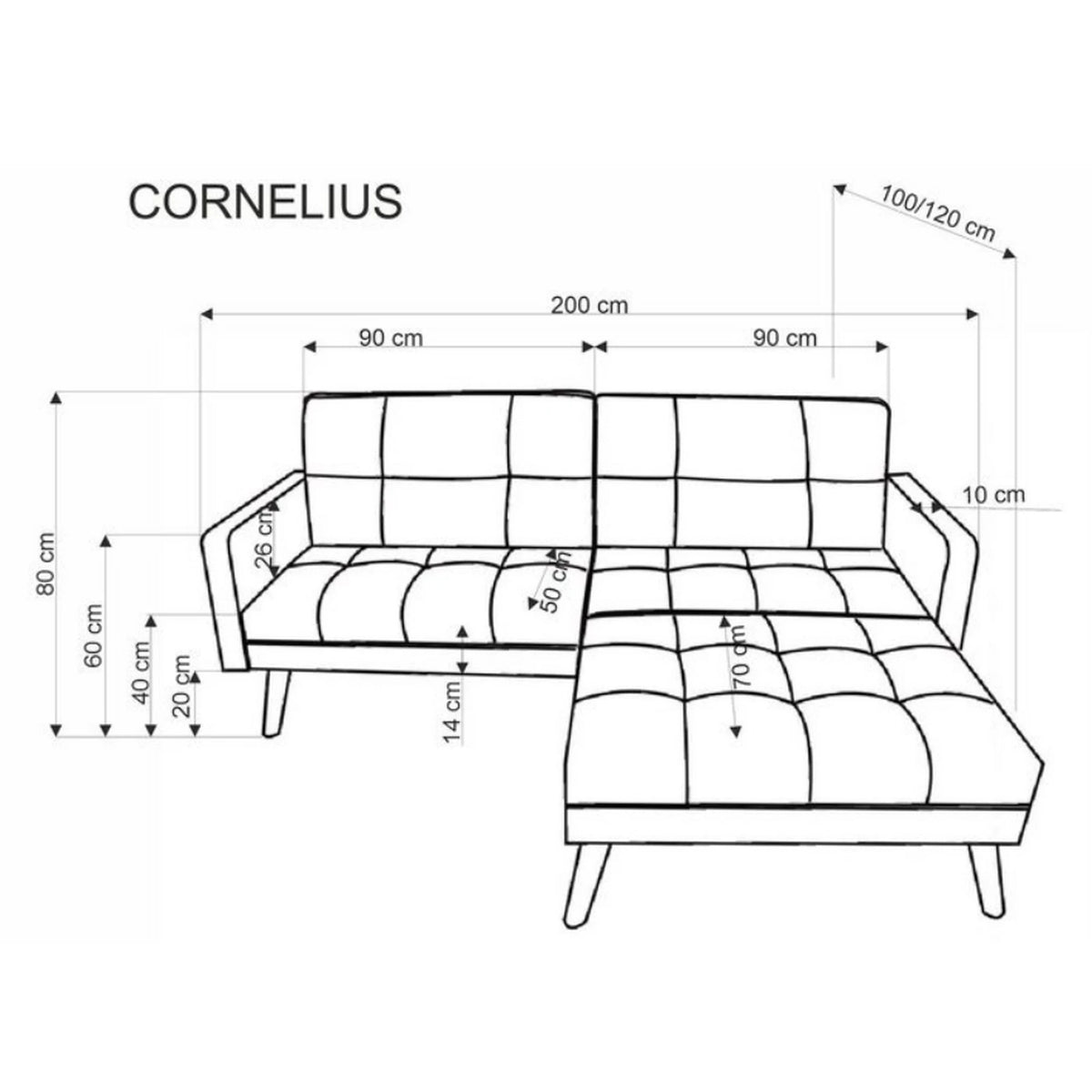 Canapea extensibila CORNELIUS, gri/negru, stofa clasica/lemn, 200x153/167x80 cm