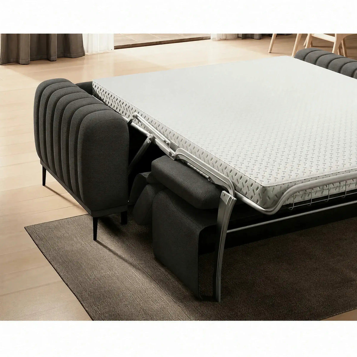 Canapea extensibila GANDI 140, stofa catifelata gri inchis - Riviera 97, cu tetiere reglabile, 207x102x95 cm