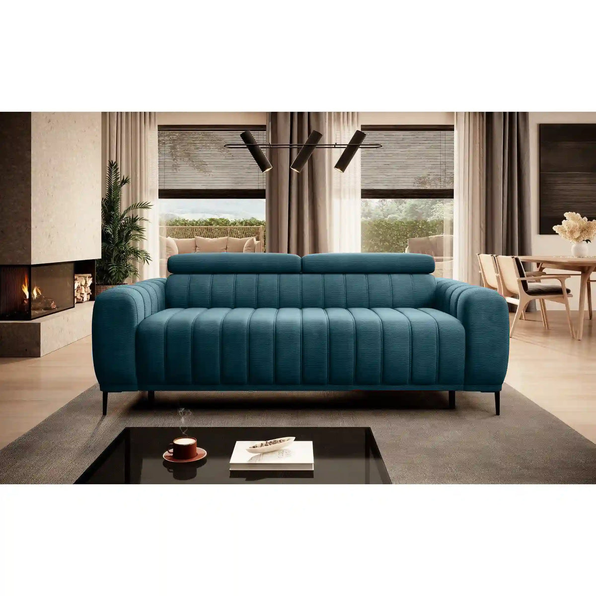 Canapea extensibila GANDI 140, stofa catifelata turcoaz inchis - Riviera 87, Gama Premium, cu tetiere reglabile, 207x102x95 cm