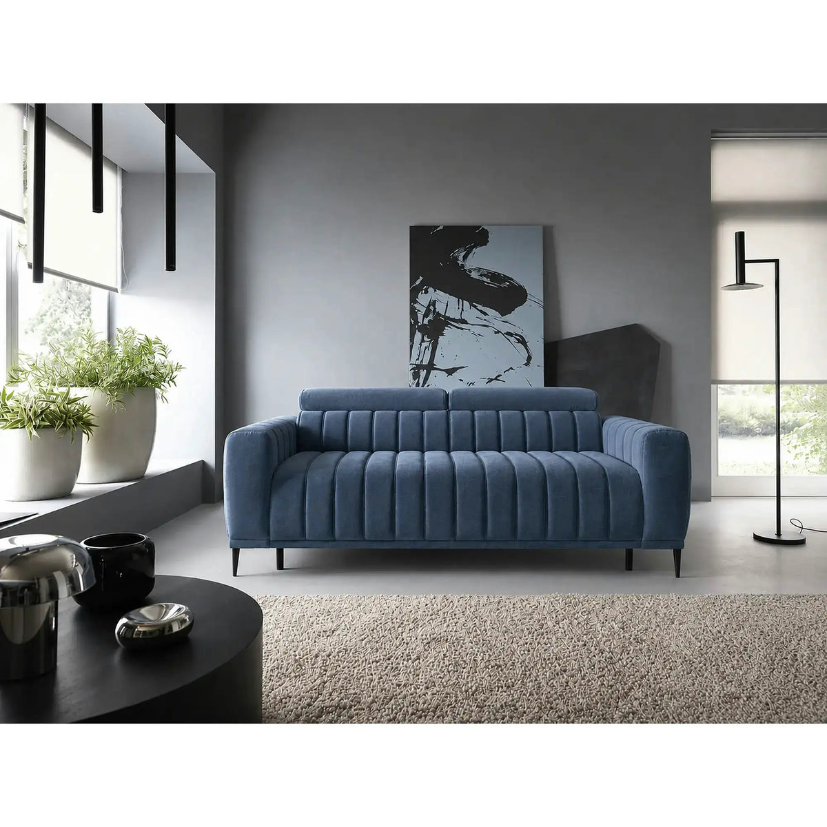 Canapea extensibila GANDI 160, stofa catifelata albastru - Whisper 12, cu tetiere reglabile, 227x102x95 cm
