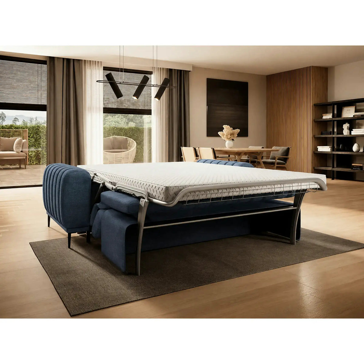 Canapea extensibila GANDI 160, stofa catifelata albastru - Whisper 12, cu tetiere reglabile, 227x102x95 cm
