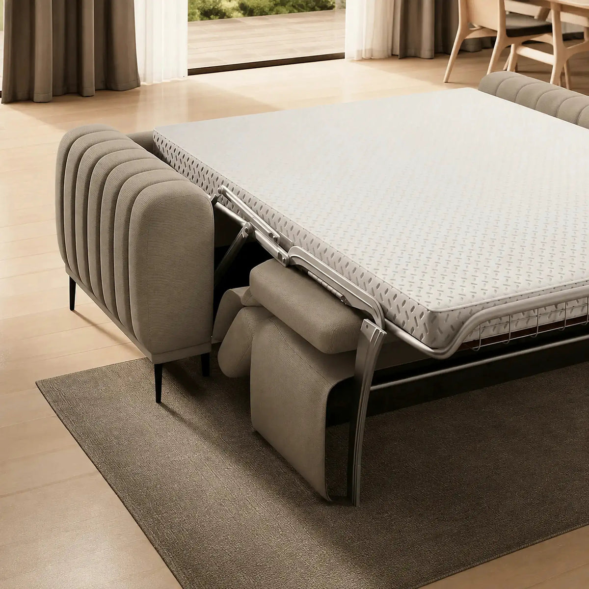 Canapea extensibila GANDI 160, stofa catifelata bej - Riviera 16, cu tetiere reglabile, 227x102x95 cm