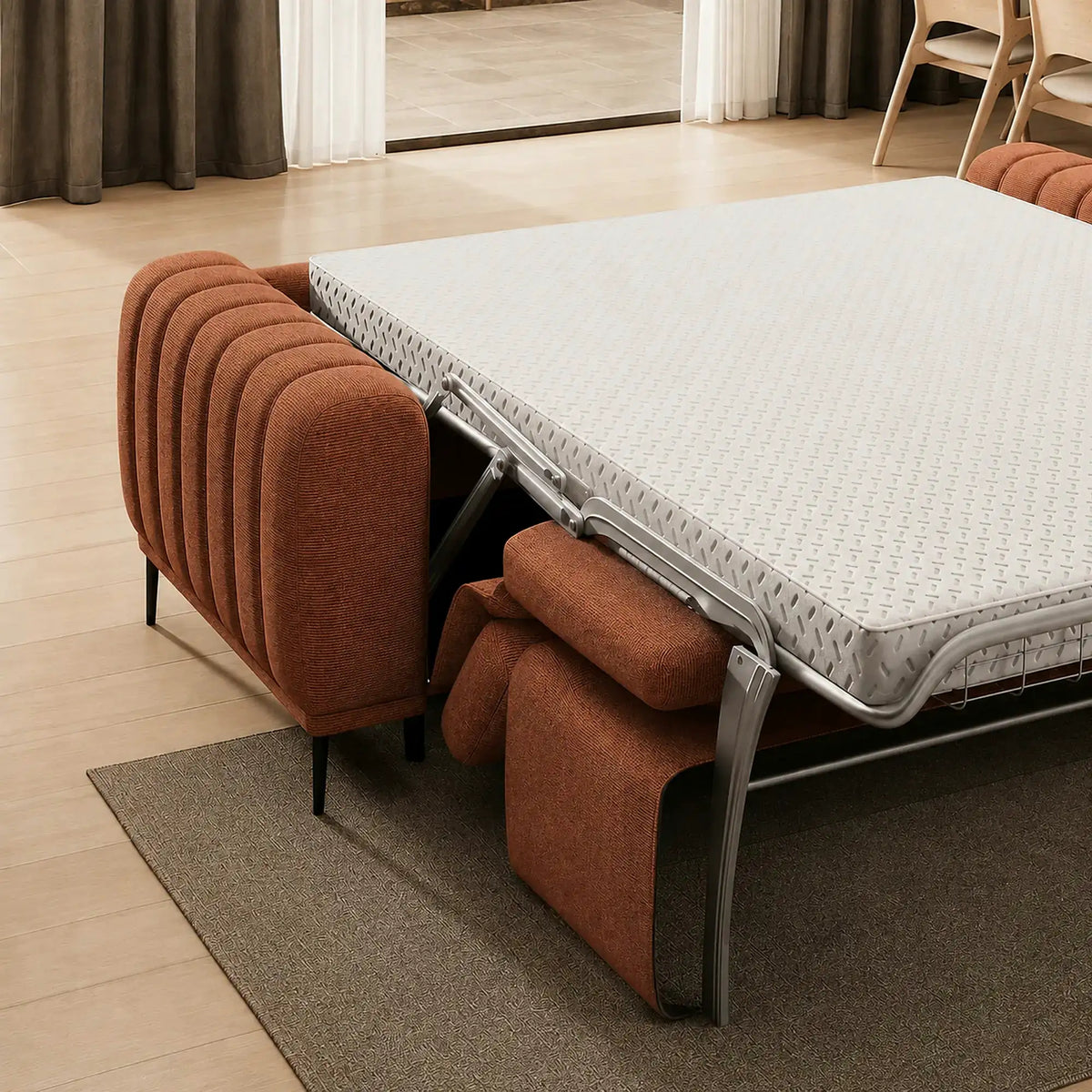Canapea extensibila GANDI 160, stofa catifelata caramiziu - Salvador 07, cu tetiere reglabile, 227x102x95 cm
