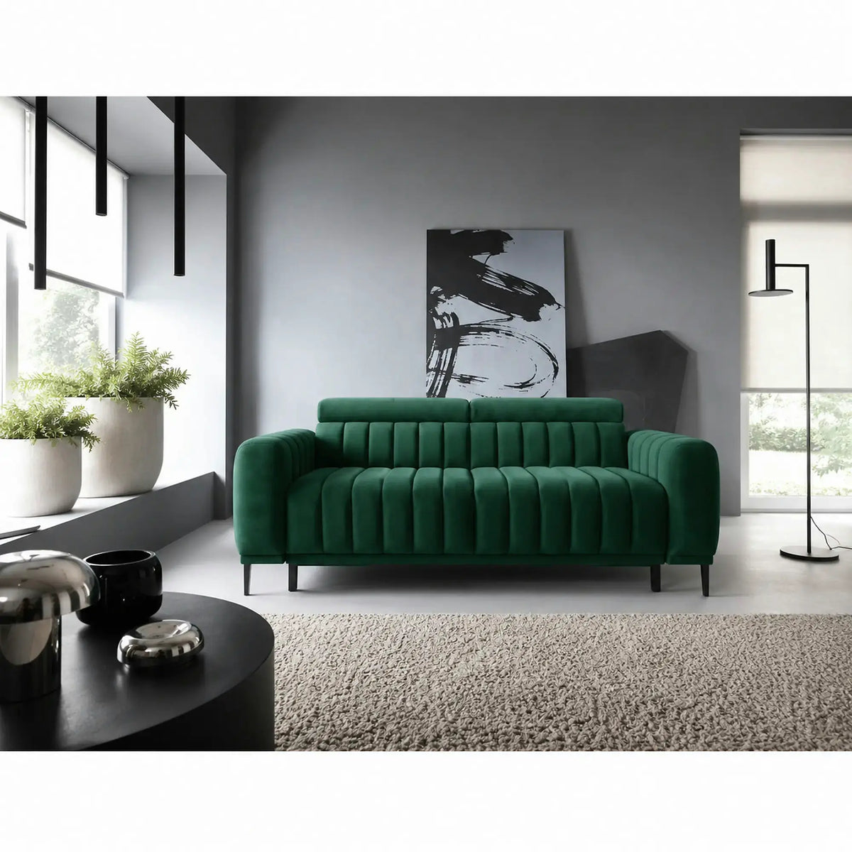 Canapea extensibila GANDI 160, stofa catifelata verde - Cloud 39, cu tetiere reglabile, 227x102x95 cm