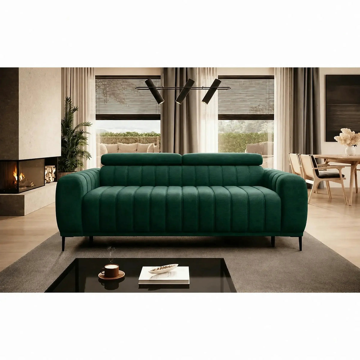 Canapea extensibila GANDI 160, stofa catifelata verde - Riviera 38, cu tetiere reglabile, 227x102x95 cm