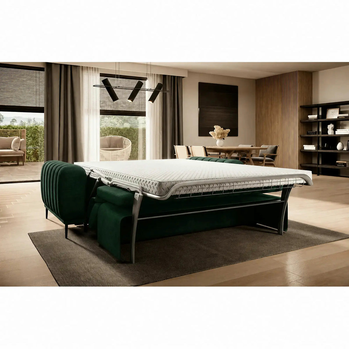 Canapea extensibila GANDI 160, stofa catifelata verde - Riviera 38, cu tetiere reglabile, 227x102x95 cm