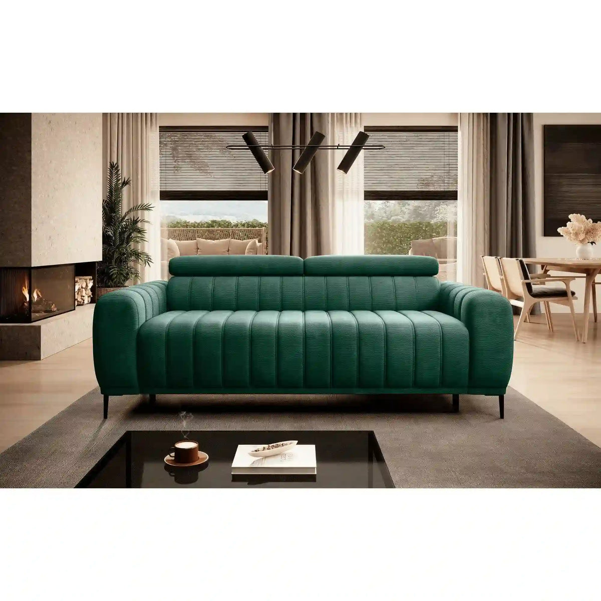 Canapea extensibila GANDI 160, stofa catifelata verde inchis - Element 12, Gama Premium, cu tetiere reglabile, 227x102x95 cm