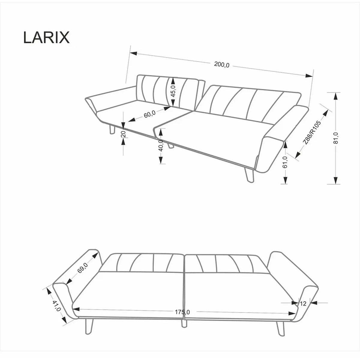 Canapea extensibila LARIX, gri, stofa clasica/lemn, 200x88-105x61-81m