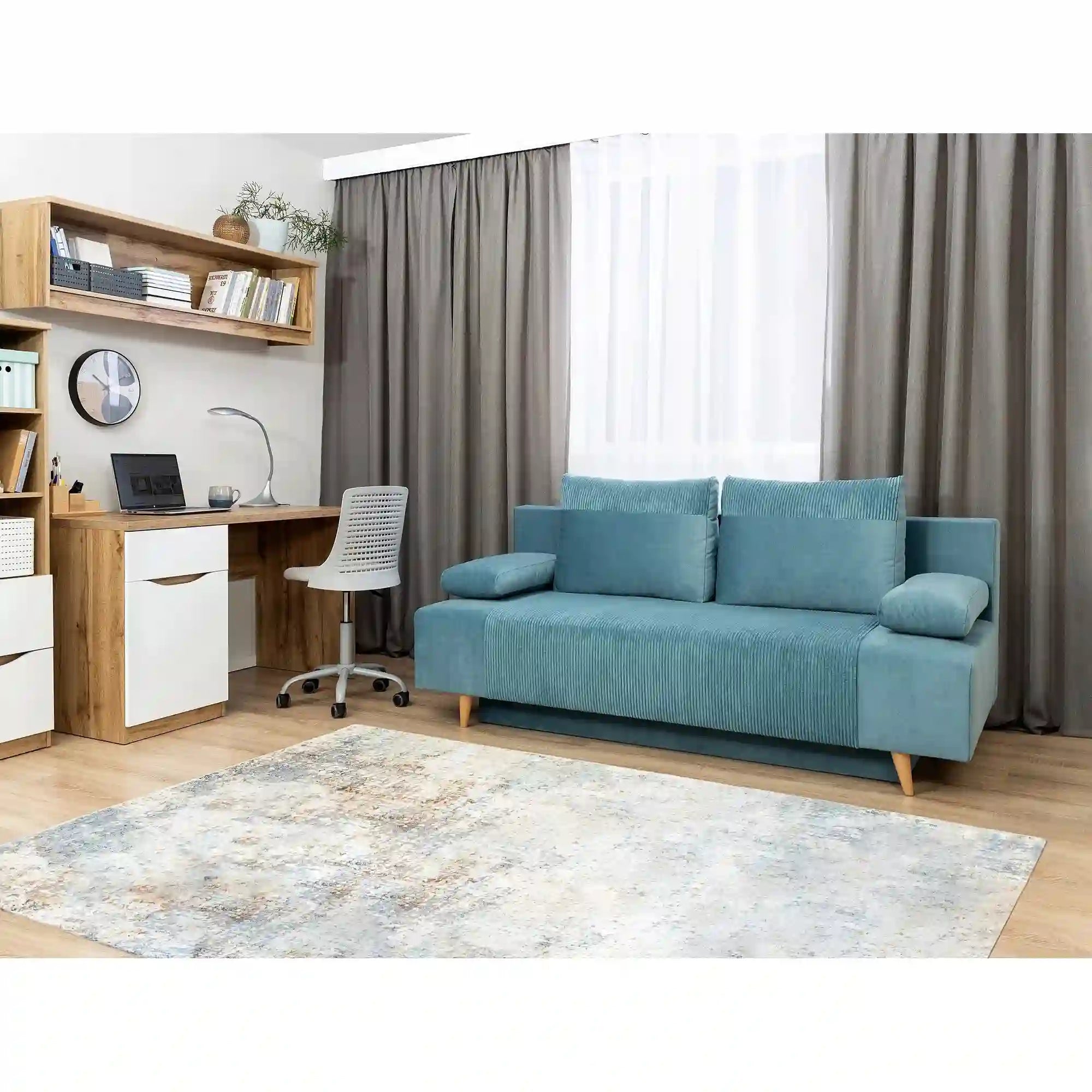 Canapea extensibila LEON, stofa catifelata turcoaz - Poso 26, 191x89x92 cm