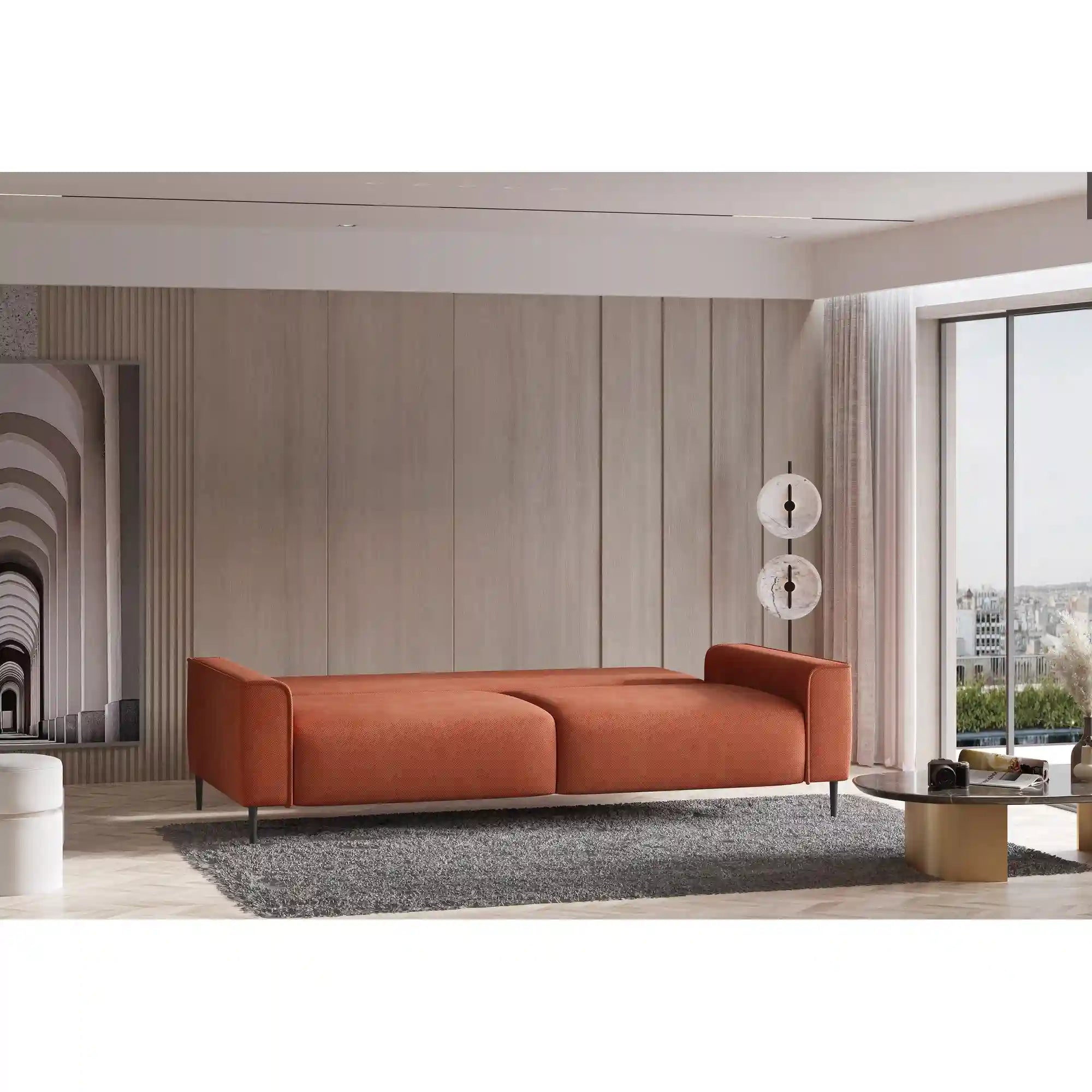 Canapea extensibila LUGO, stofa catifelata bej - Vogue 02, Gama Premium, cu lada depozitare, 235x105x90 cm