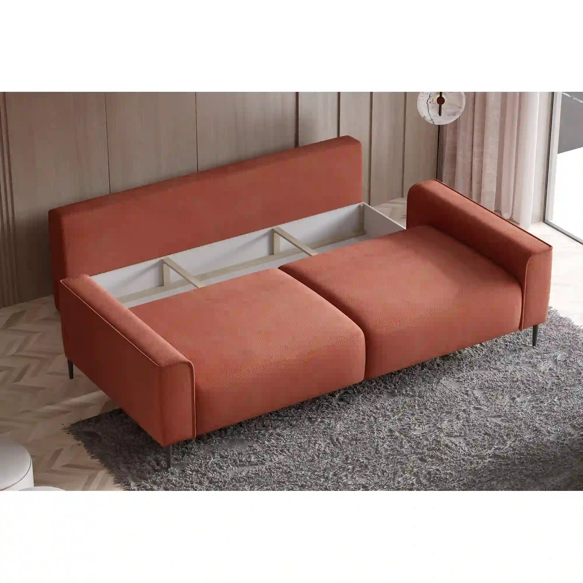 Canapea extensibila LUGO, stofa catifelata bej - Vogue 02, Gama Premium, cu lada depozitare, 235x105x90 cm