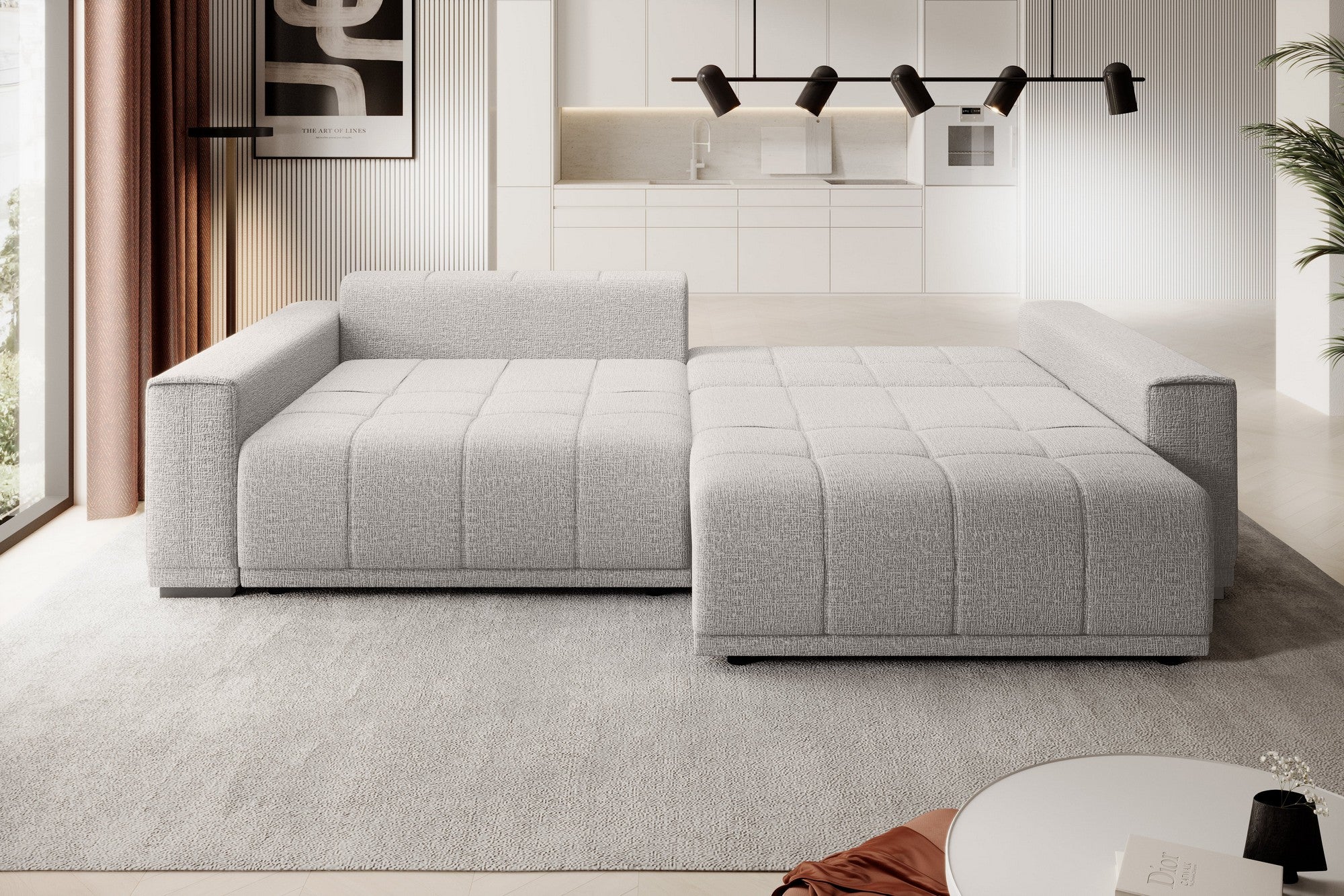 Canapea extensibila MOTTA, stofa catifelata albastru inchis - Vogue 13, Gama Premium, cu spatiu depozitare, 278x130x83 cm