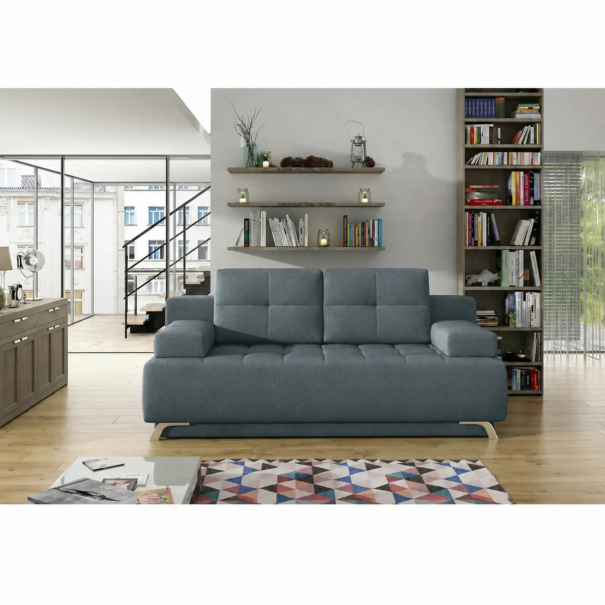 Canapea extensibila OSLO, stofa catifelata albastru - Palladium 14, cu lada depozitare, 197x94x90 cm