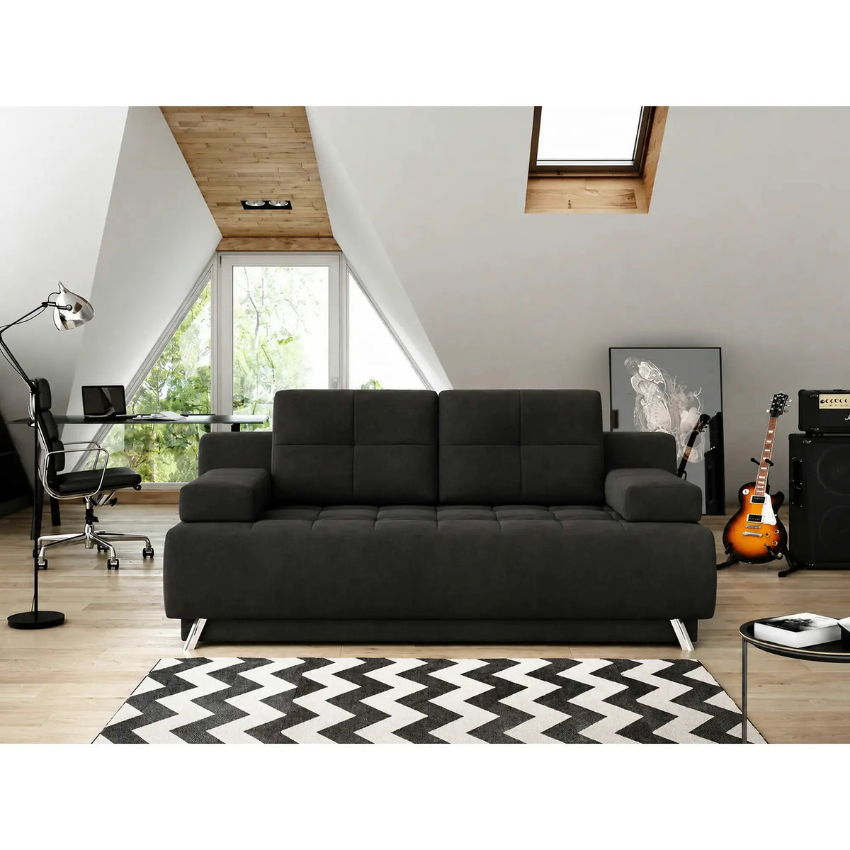 Canapea extensibila OSLO, stofa catifelata gri grafit - Palladium 19, cu lada depozitare, 197x94x90 cm