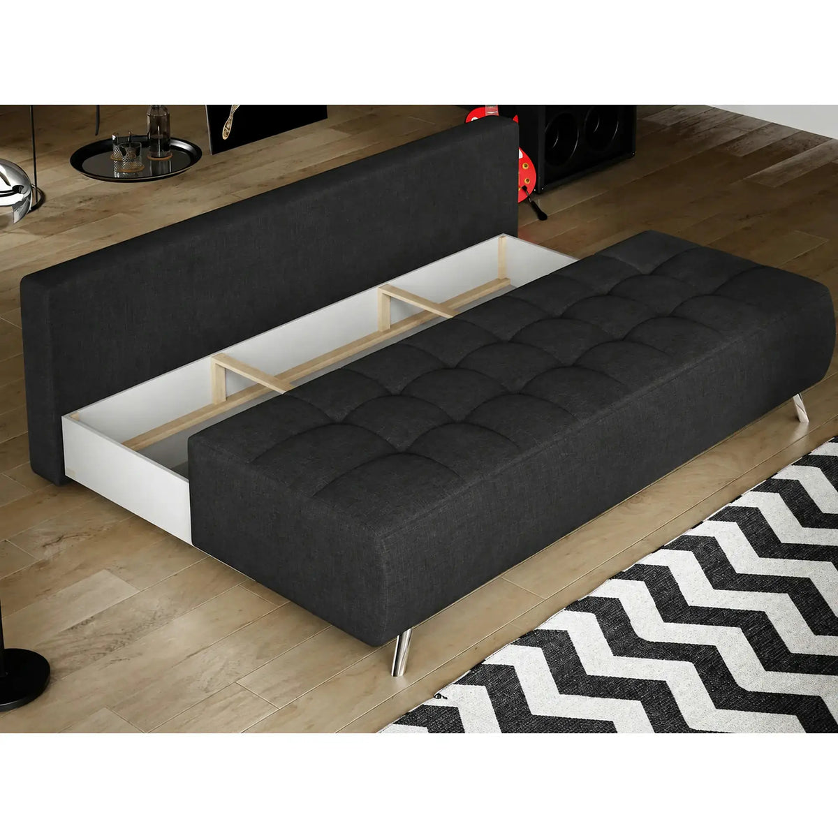 Canapea extensibila OSLO, stofa catifelata gri grafit - Palladium 19, cu lada depozitare, 197x94x90 cm