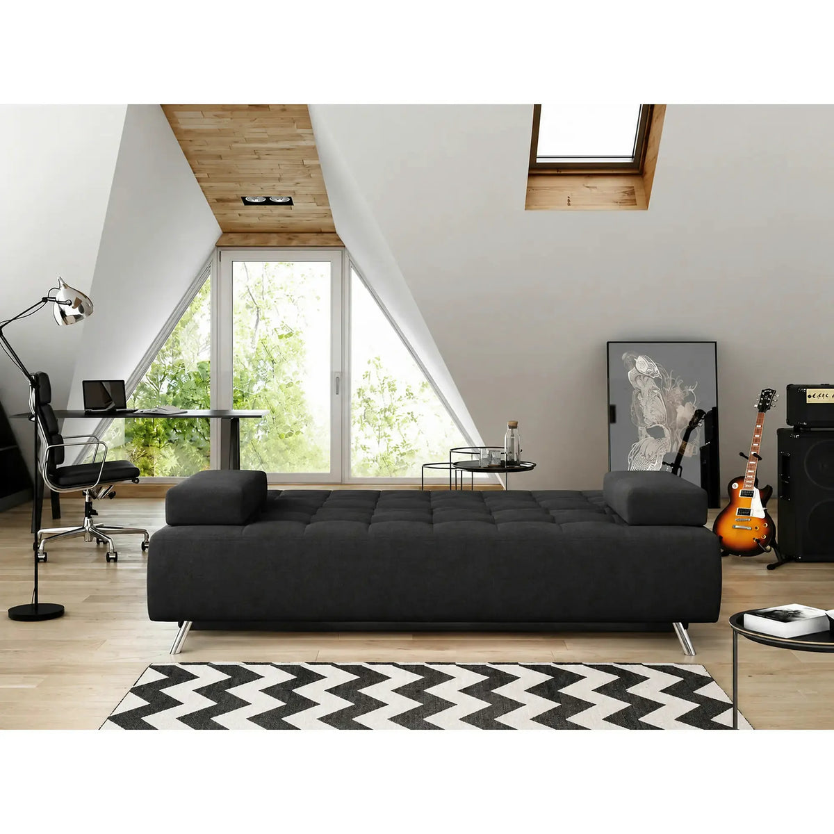 Canapea extensibila OSLO, stofa catifelata gri grafit - Palladium 19, cu lada depozitare, 197x94x90 cm