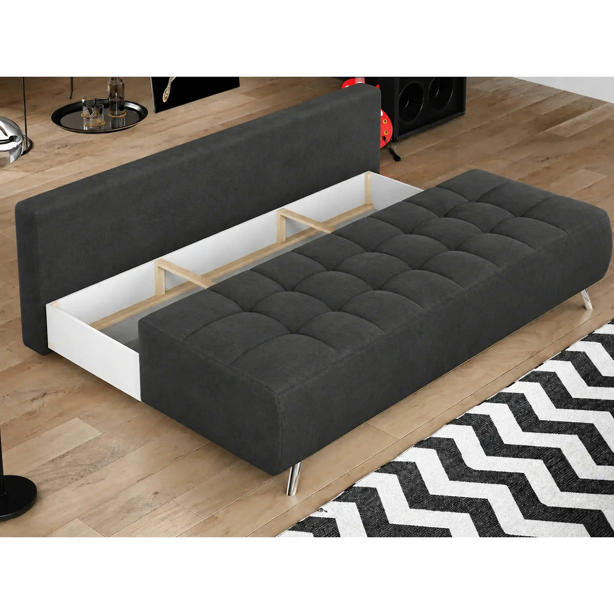 Canapea extensibila OSLO, stofa catifelata gri grafit - Riviera 96, cu lada depozitare, 197x94x90 cm