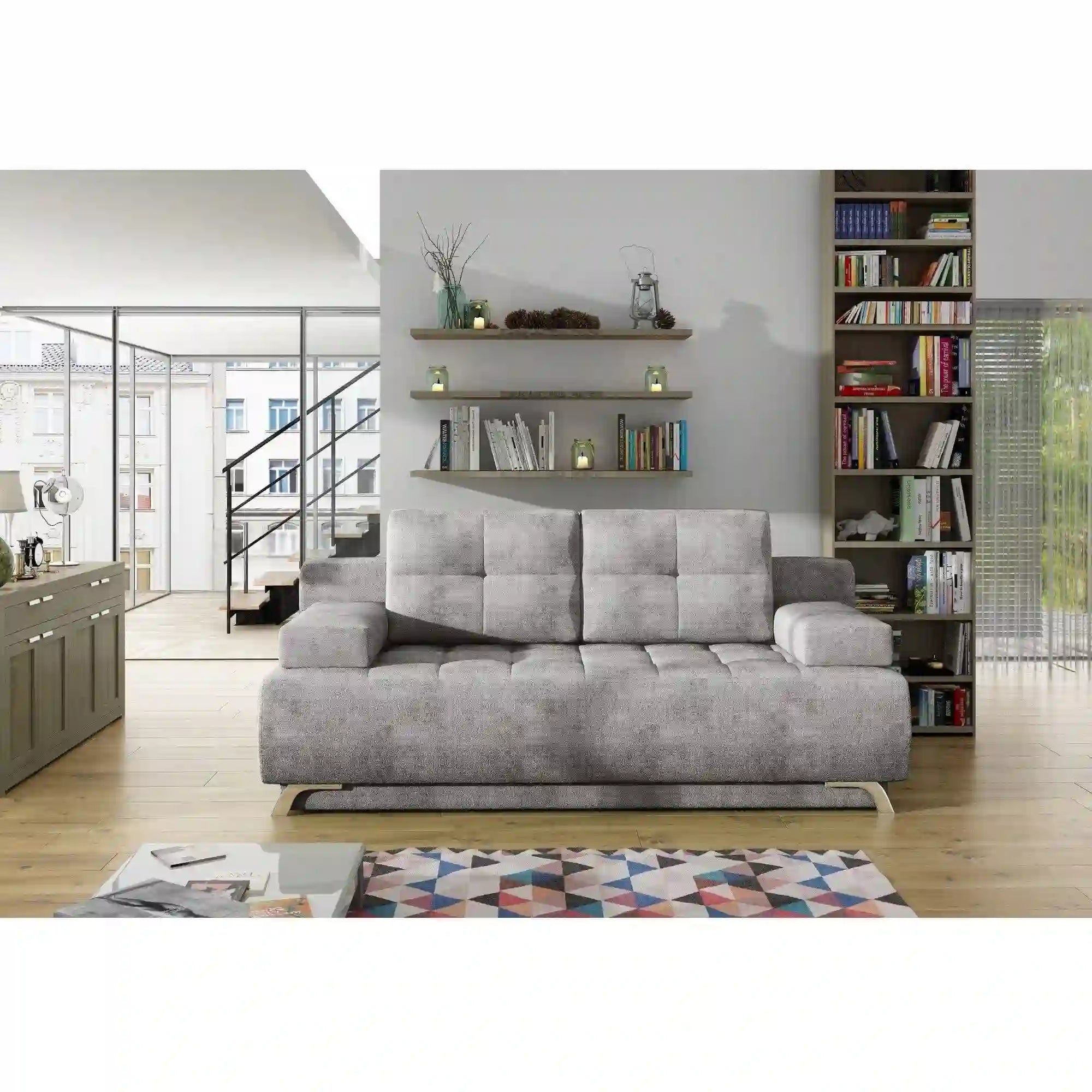 Canapea extensibila OSLO, stofa clasica gri - Austin 18, cu lada depozitare, 197x94x90 cm