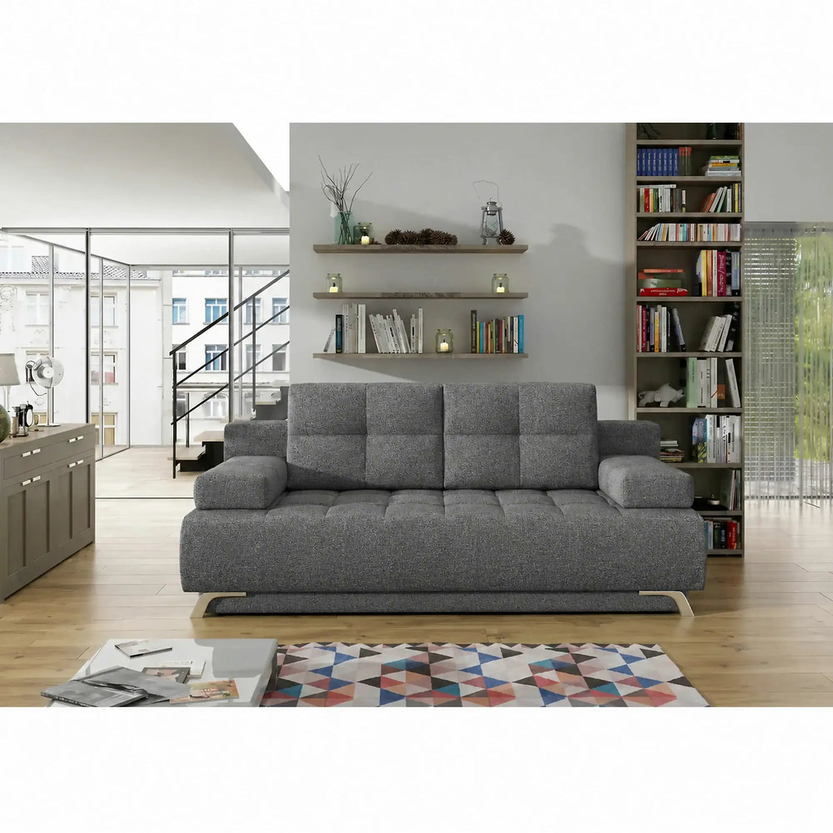 Canapea extensibila OSLO, stofa clasica gri inchis - Austin 19, cu lada depozitare, 197x94x90 cm