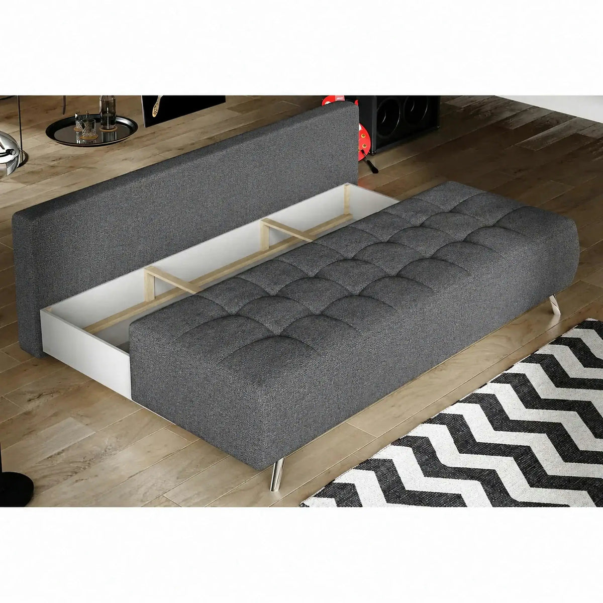 Canapea extensibila OSLO, stofa clasica gri inchis - Austin 19, cu lada depozitare, 197x94x90 cm