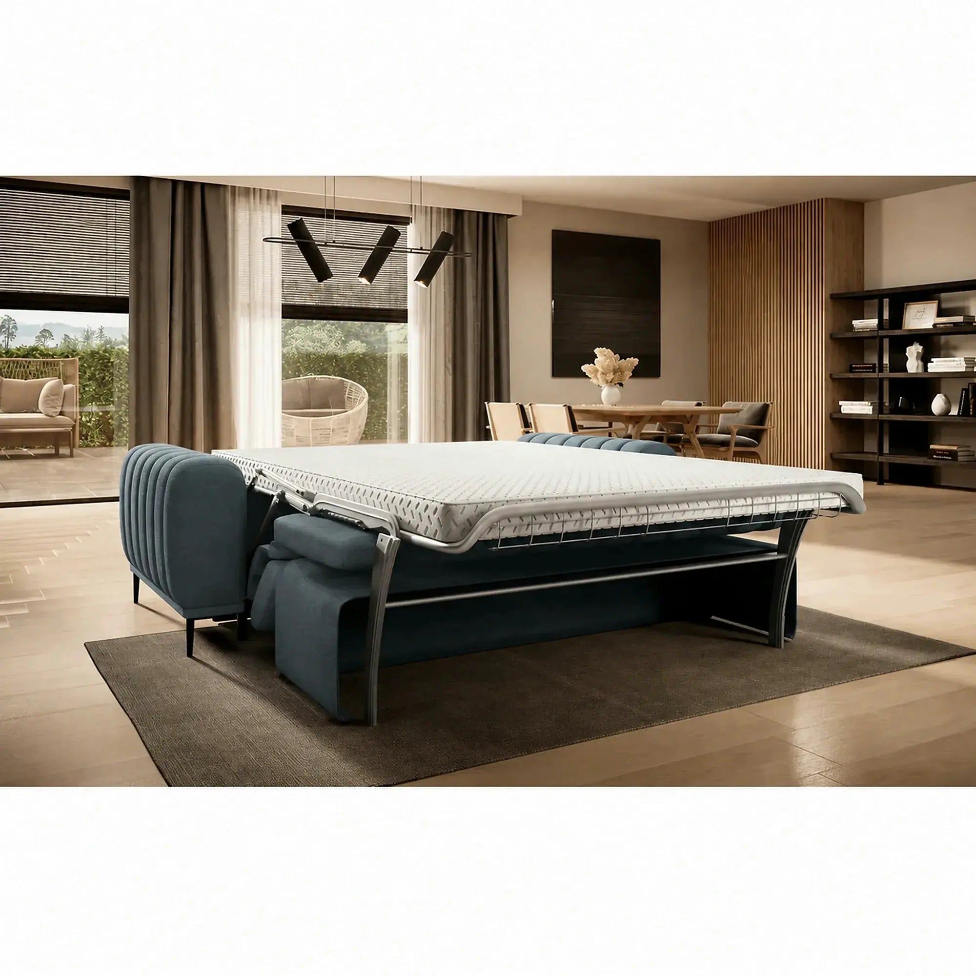 Canapea extensibila pat dublu GANDI 160, stofa catifelata turcoaz inchis - Riviera 87, cu tetiere reglabile, 227x102x95 cm