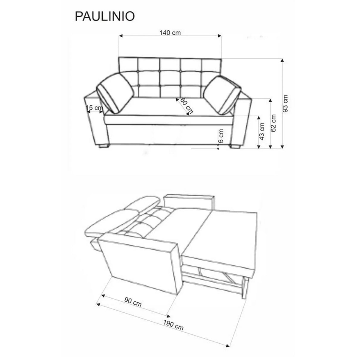 Canapea extensibila doua persoane PAULINIO, gri, stofa clasica/polipropilena, 170x90/190x93 cm