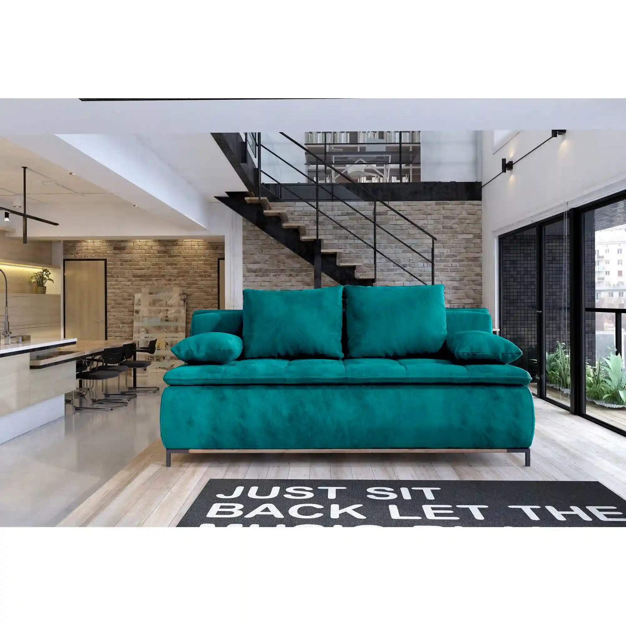 Canapea extensibila Sweet, stofa catifelata albastru- Monolith 77, cu lada depozitare, 204x106x91 cm