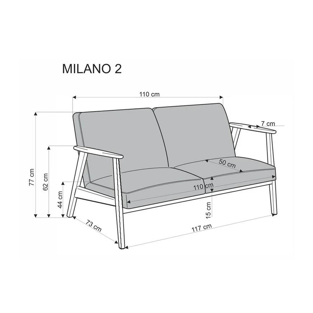 Canapea MILANO 2S, bej - Castel 15, stofa catifelata/lemn, 120x77x77 cm