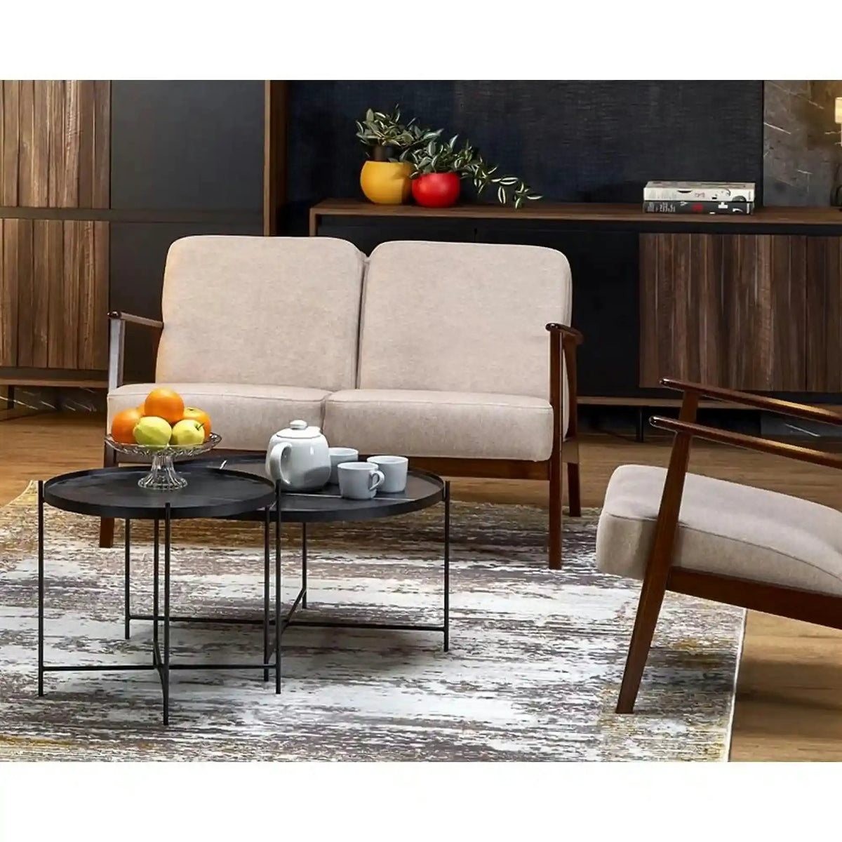 Canapea MILANO 2S, bej - Castel 15, stofa catifelata/lemn, 120x77x77 cm