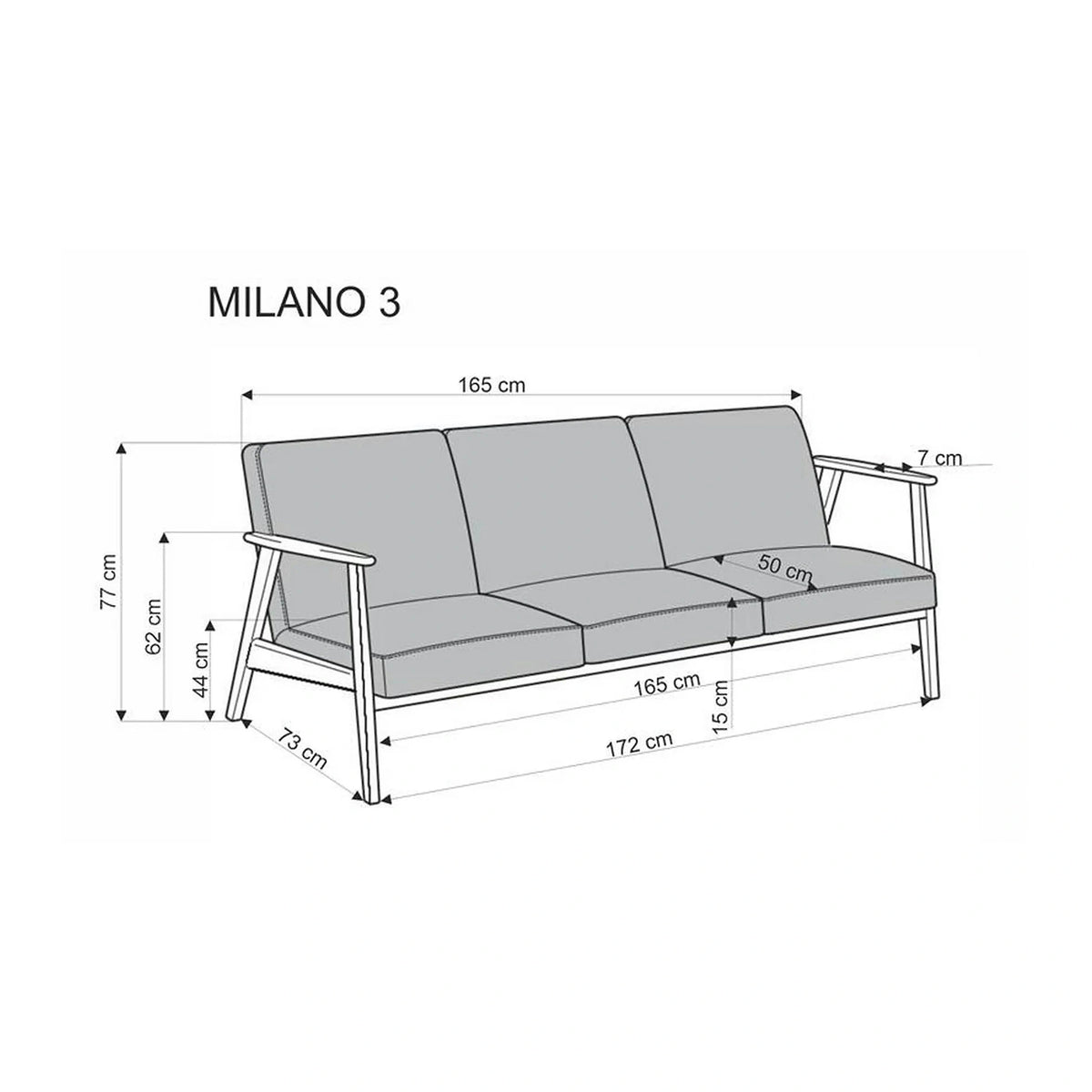 Canapea MILANO 3S, bej - Castel 15, stofa catifelata/lemn, 175x77x77 cm