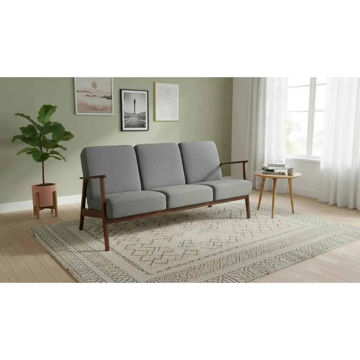 Canapea MILANO 3S, gri - Castel 93, stofa catifelata/lemn, 175x77x77 cm