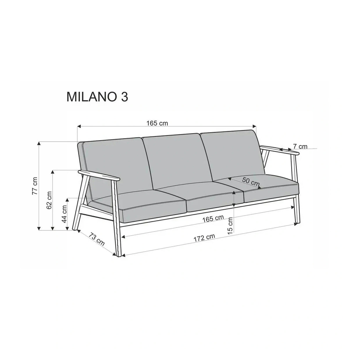 Canapea MILANO 3S, gri - Castel 93, stofa catifelata/lemn, 175x77x77 cm
