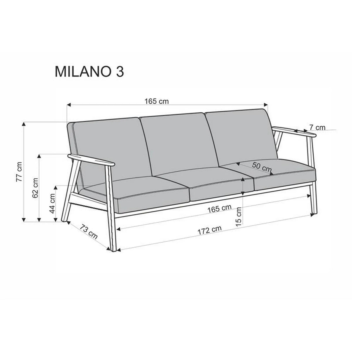 Canapea MILANO 3S, stofa catifelata bej - Castel 15, 175x77x77 cm